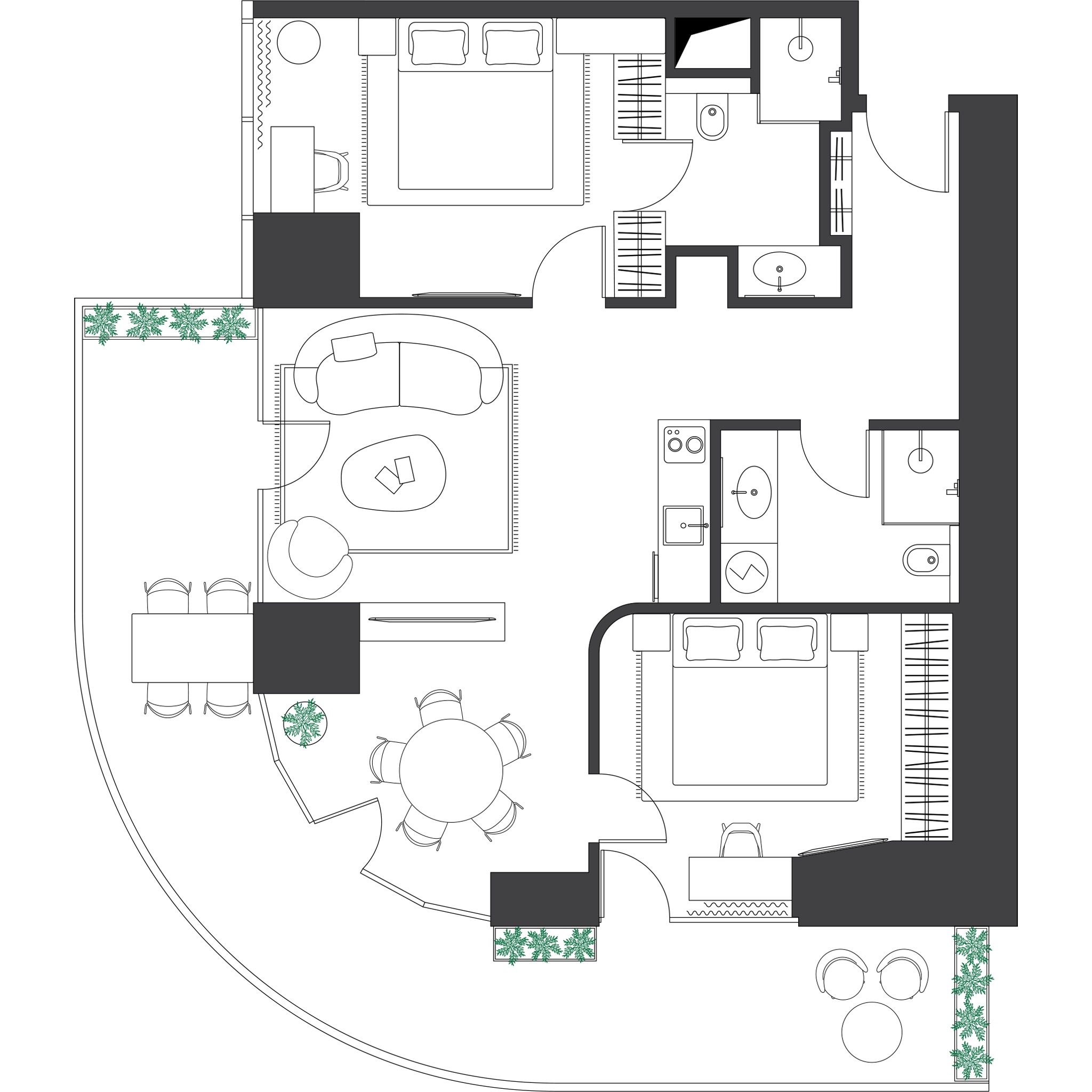 Пример планировки апартамента с двумя спальнями 108,4 м²